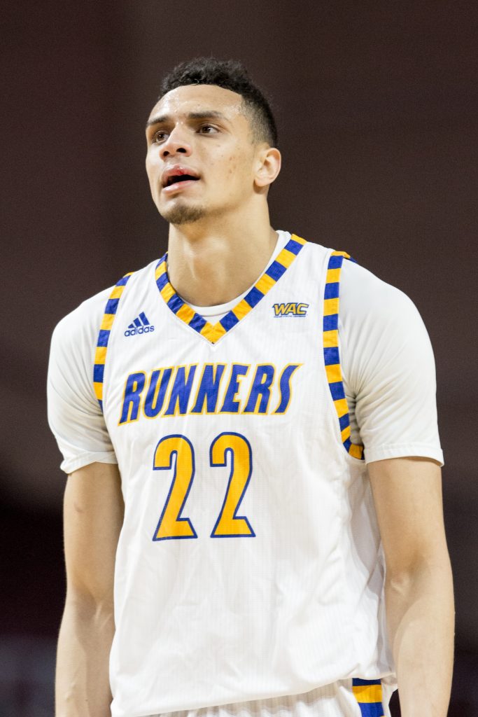 Junior center Moataz Aly begins to bleed during the game against Utah Valley Friday, March 10 at the Orleans Arena in Las Vegas. Photo by AJ Alvarado/The Runner