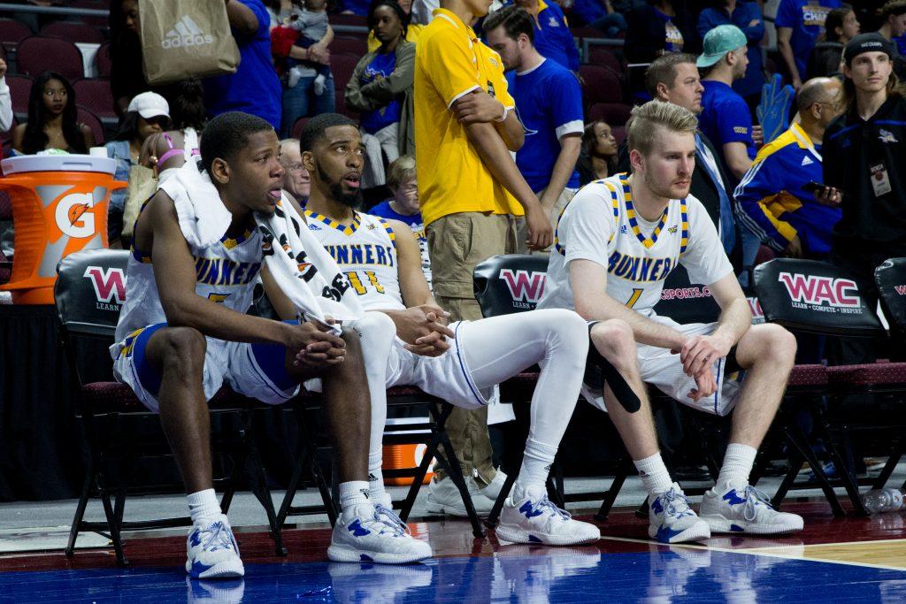 From left to right: CSUB senior Dedrick Basile, redshirt-senior Jaylin Airington and redshirt-junior Brent Wrapp look on in the final moments of the game against New Mexico State at the Orleans Arena in Las Vegas Saturday, March 11.
