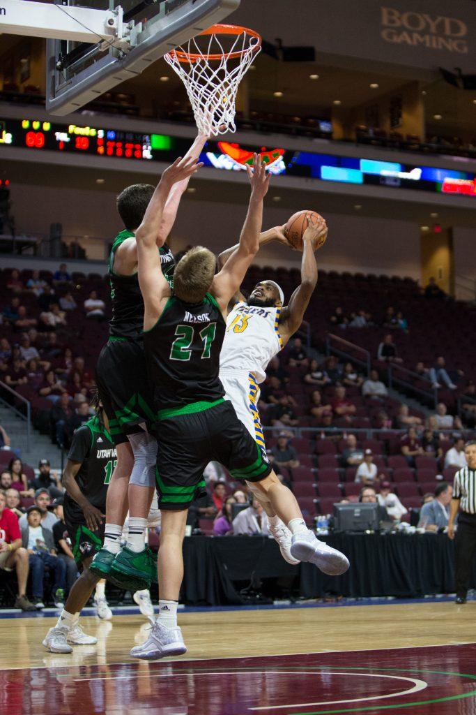 CSUB swingman Shon Briggs goes up for a fall-away shot against Utah Valley University Friday, March 10 at the Orleans Arena in Las Vegas. 
Photo by AJ Alvarado/The Runner