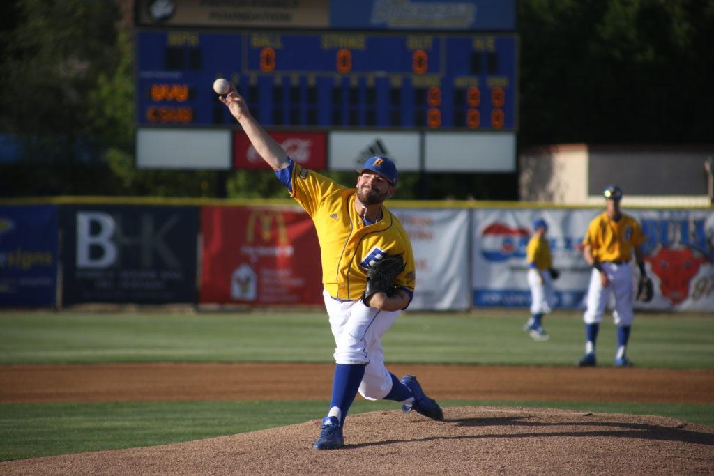 Senior pitcher Max Carter pitched a two-hit shutout in a win against Utah Valley University on Thursday, April 13 at Hardt Field. Carter had a perfect game until he allowed a single with two outs in the fifth inning. Photo by Karina Diaz/ The Runner 
