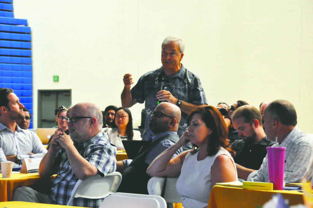 Dr. John Tarjan, along with other faculty members, asks CSUB President MItchell about upcoming budgetary measures at a CSUB budget meeting on Aug. 24, in the Icardo Center. Photo by Jarad Mann/ The Runner 