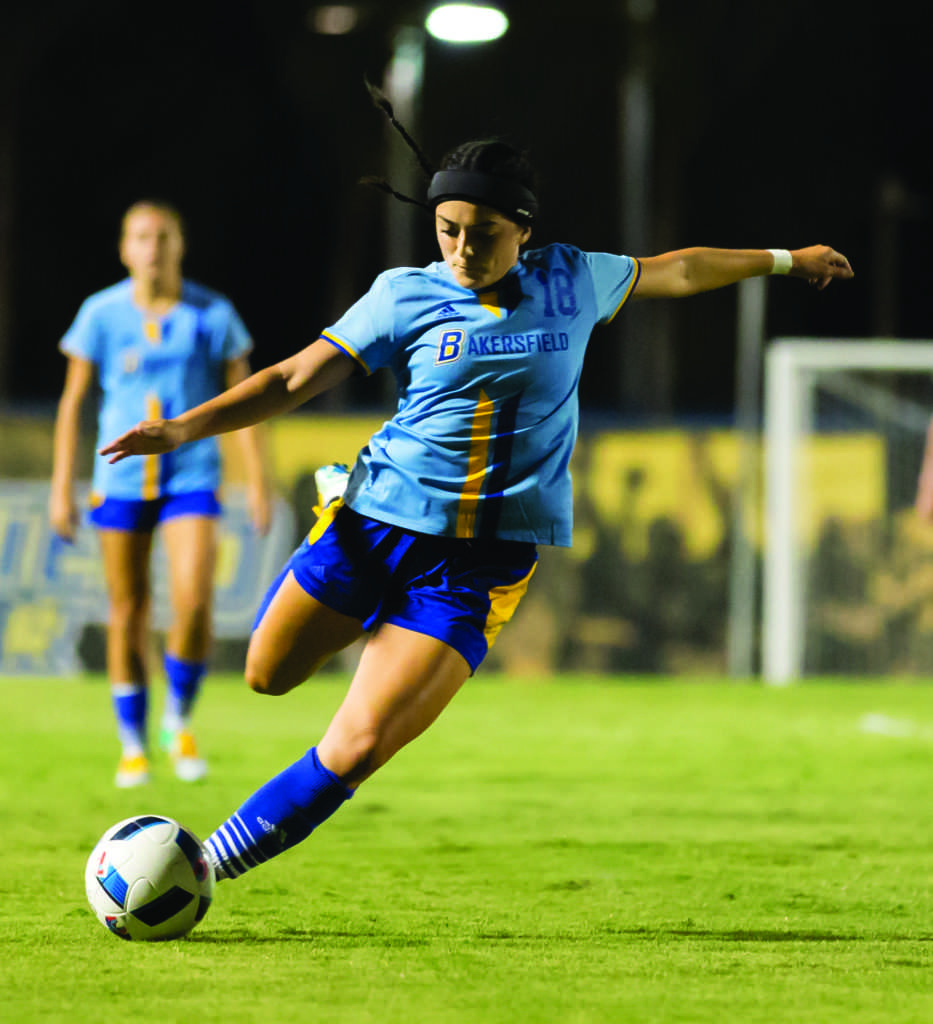 Junior midfielder Sabrina Delgado lines up a shot during a game in the 2016 season. Delgado led CSUB in goals scored.
Photo by Runner Archives. 