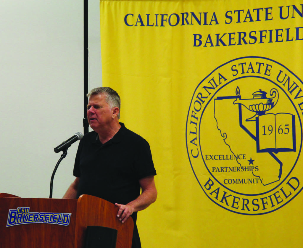 Youtube sensation Tommy Edison spoke to students on Thursday Oct. 5, in the Student Union Multi-Purpose Room. Services for students with Disabilities presented The Blind Film Critic to share his story and answer questions from CSUB students. 
Photo by Arturo Castellanos/ The Runner 