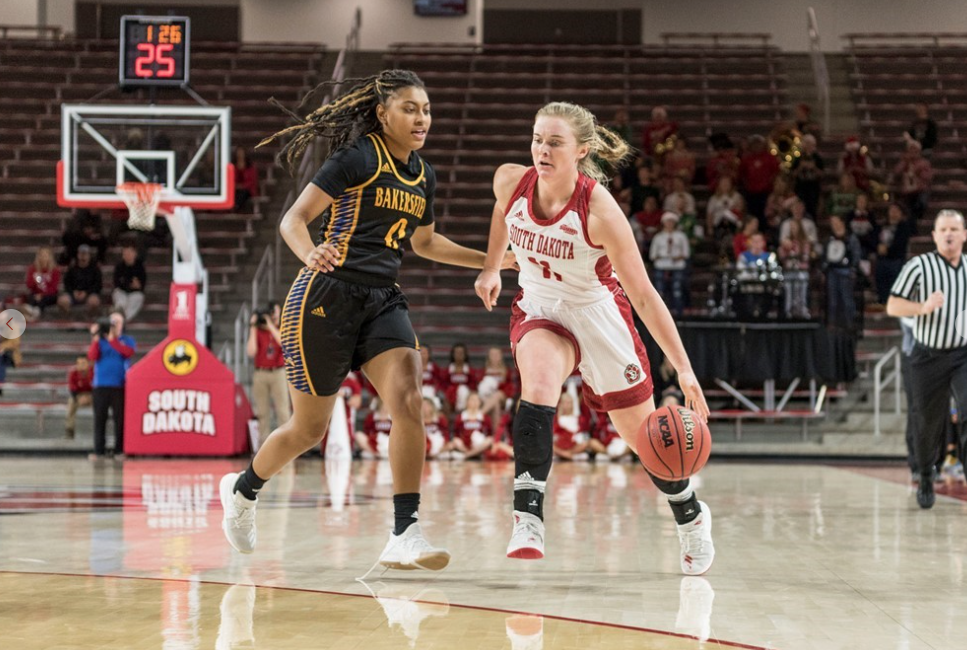 CSUB Junior forward Jerice Fears defends South Dakota freshman guard Monica Arens in a game in Vermillion, S.D.