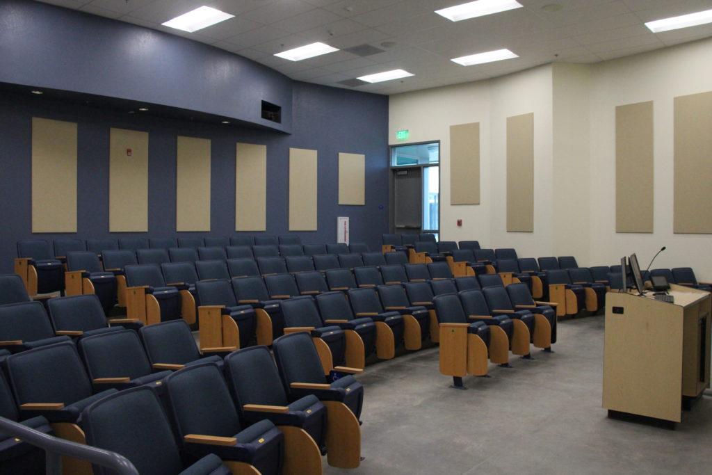 HUM 1109 features auditorium seating, two large projector screens and seats up to 110 students. The rooms will open for classes this spring semester. 
Photo By Peter Castillo/ The Runner Classroom 