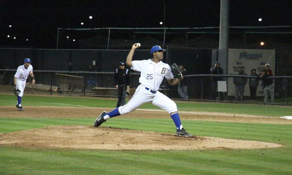  #25. Aaron Charles takes his first pitch of the game for CSU Bakersfield against UC Davis.

Photo: Aaron Mills