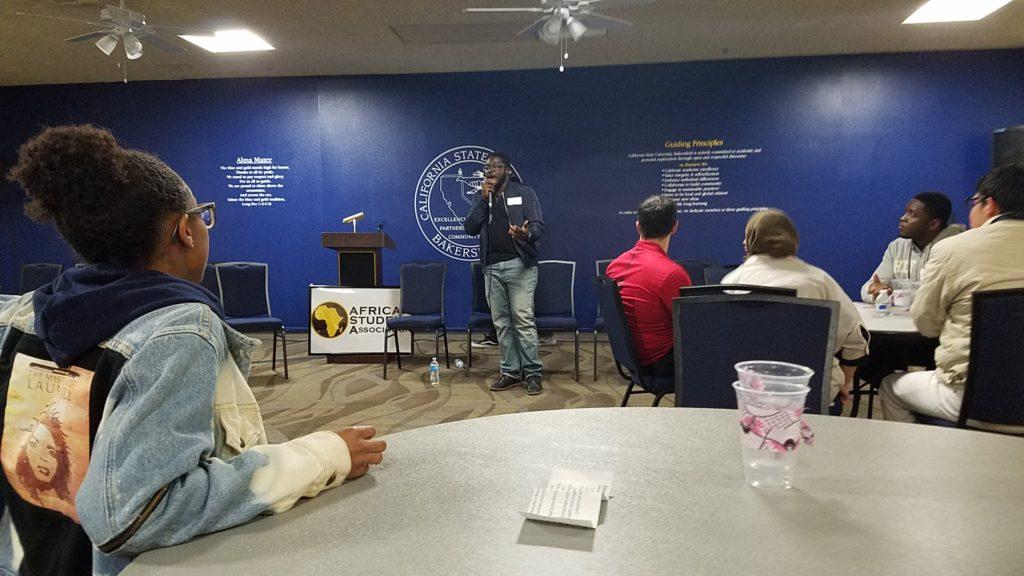 Photo by Christoper Sanchez/The Runner
Michael Ogundare praising the ASA and the panel they hosted on Feb. 8 at CSUB.