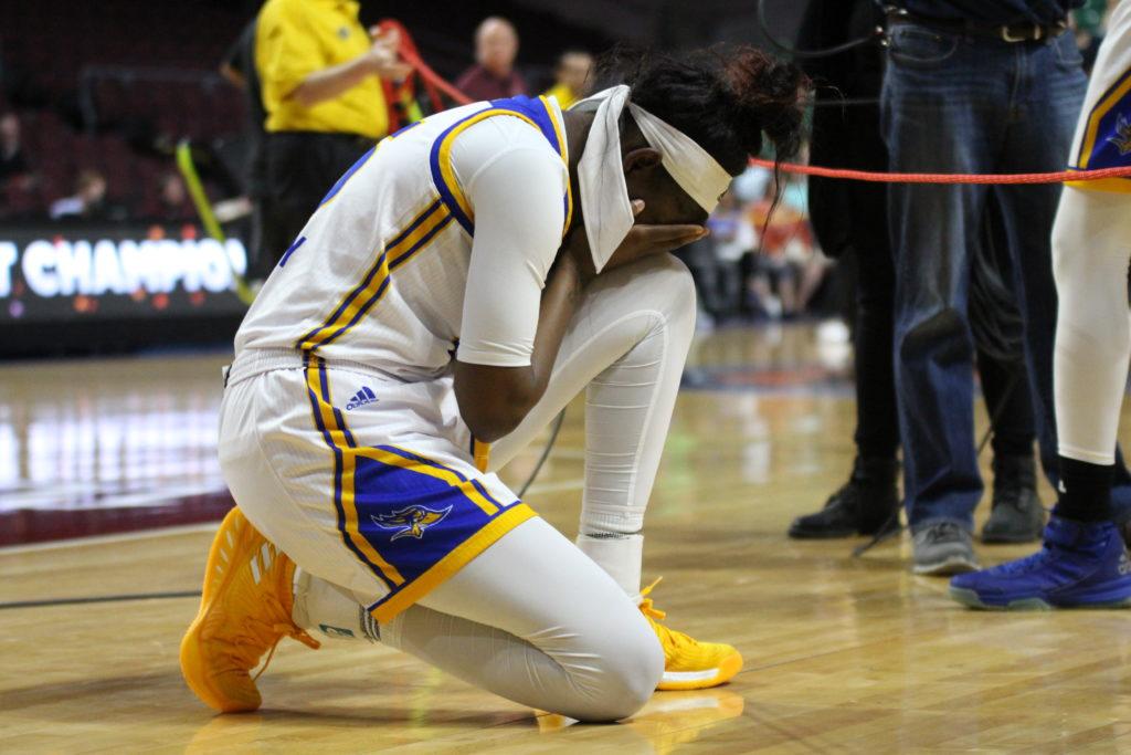 Junior forward Malayasia McHenry is overcome with emotion after CSUB's loss to Seattle University in the Western Athletic Conference final on Saturday, March 10 at the Orleans Arena in Las Vegas.