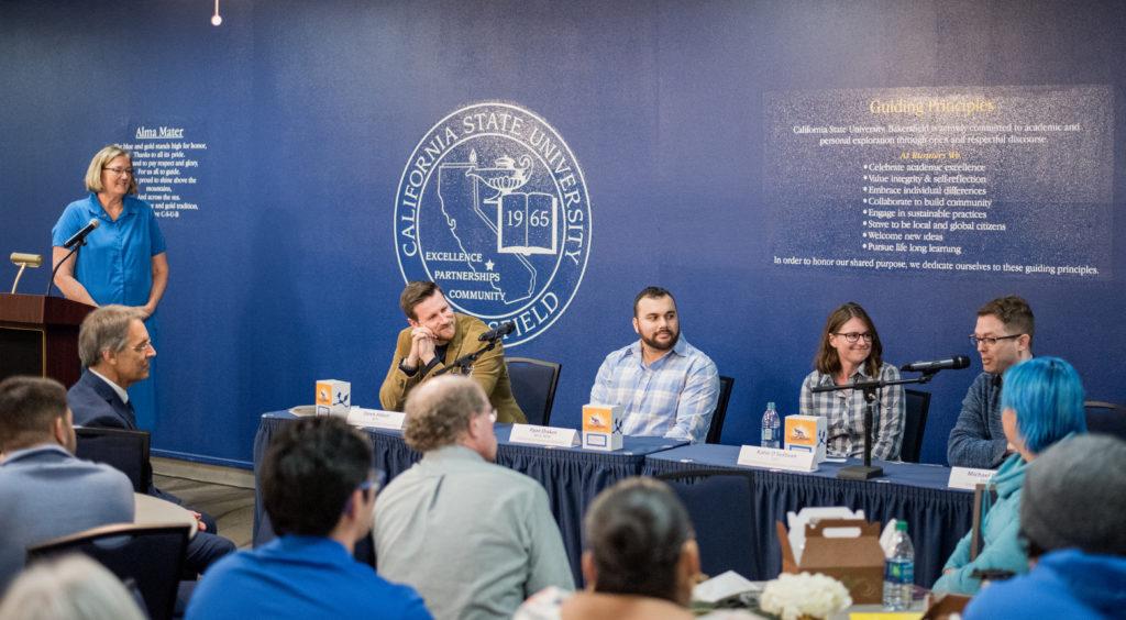 Photo by Simer Khurana/The Runner
Provost and V.P. for Academic Affairs Jenny Zorn moderates the Rising Runner panel, from left Derek Abbott, Ryan Drakos, Katie O'Sullivan, and Michael Pawloski on Feb. 23 at CSUB's Stockdale Room.