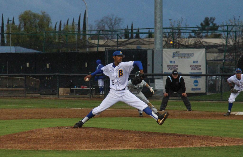 CSUB’s No. 15, Davonte Butler delivers a pitch during the March 15 game against Dartmouth College.

Photo: Aaron Mills