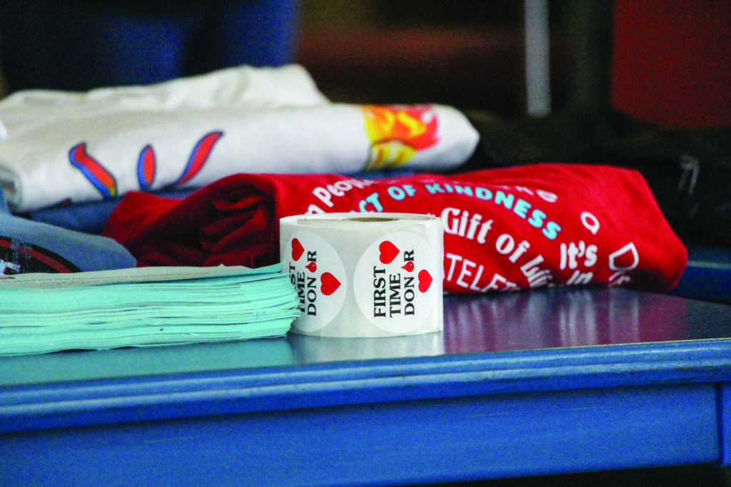Photo by Andrew Paredez / The Runner
Stickers and t-shirts were given out to all who sign up to donate blood at CSUB on April 11, 2018.