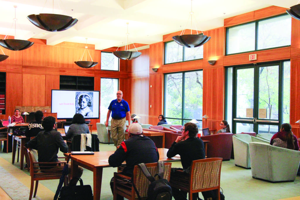 Photo by Andrew Paredez / The Runner
Chris Livingston answers questions students have regarding fake news on March 21,
2018.