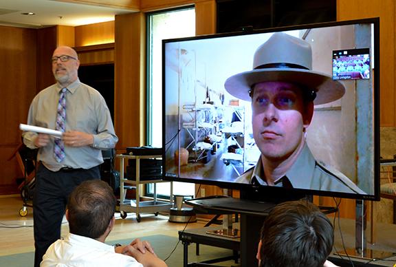 Photo by Cecilia Torres/ The Runner
In a brief introduction Archives Librarian Christopher Livingston talks about Ranger John’s job
at Angel Island, Thursday, April 19, 2018.