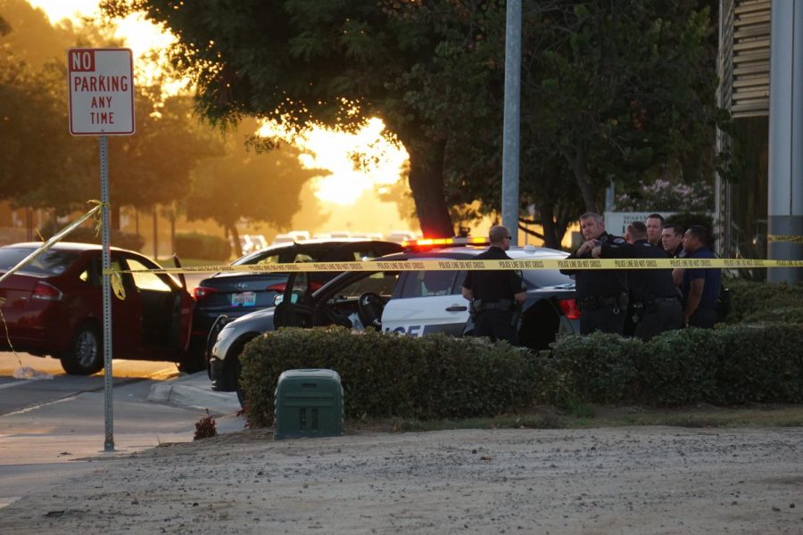 Police secure the scene of an accident on Stockdale Hwy across from CSUB on Sept. 19, 2019 where shots were fired and a person suffered self-inflicted gun shot wounds