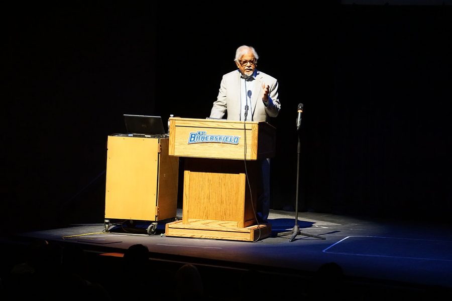 Arun Gandhi speaking at Dore Theater on CSUB Campus on Sept. 28, 2019.