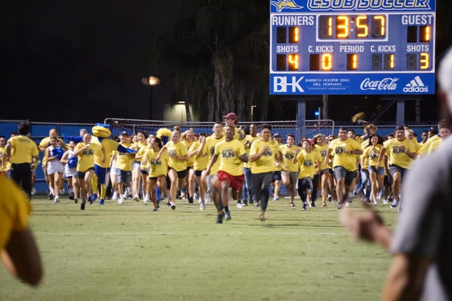 The freshman class of 2023 at CSU Bakersfield run on the field for Rowdy Run that happened during the women’s soccer game on Friday September 6 ,2019.
