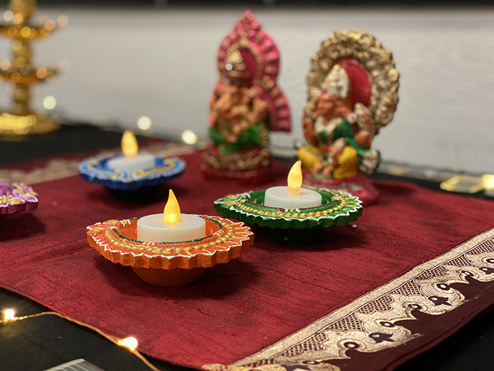 The Diya, is a small lamp that is lit especially at Diwali.  Diyas are typically made of clay with Ghee or oil used as the fuel and cotton wool as the wick.