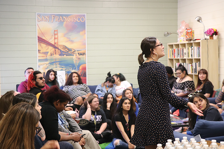 Picture of Vanessa Corona during the "Let's Talk About Sex" held Spring 2019. Vanessa Corona is the former campus advocate and education coordinator for CSUB. Photo by Sergio Hernandez.