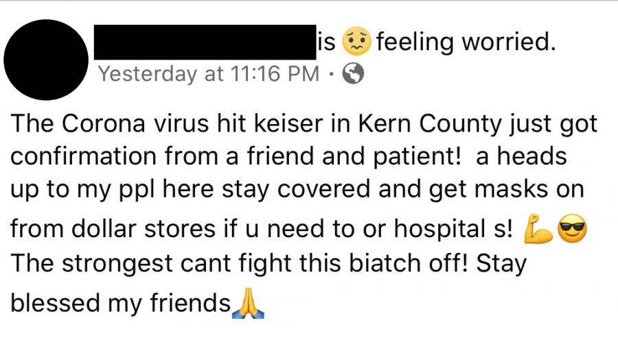 Facebook post that sparked rumor about the coronavirus being confirmed in Bakersfield