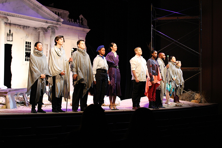 The cast for CSUB's Fall 2019 performance of Antigone take a final bow in the Dore Theatre on Oct 26, 2019