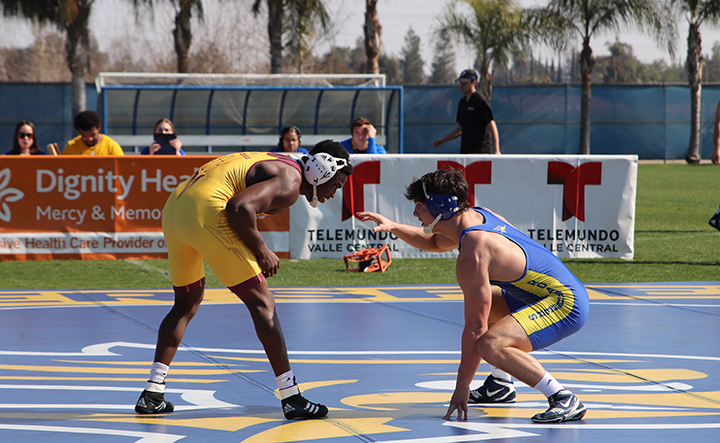 Wyatt Gerl getting ready to handle his Arizona State opponent in the CSUB Feud on The Field wrestling match versus Arizona State University held on the main field Sunday, February 16th, 2020.