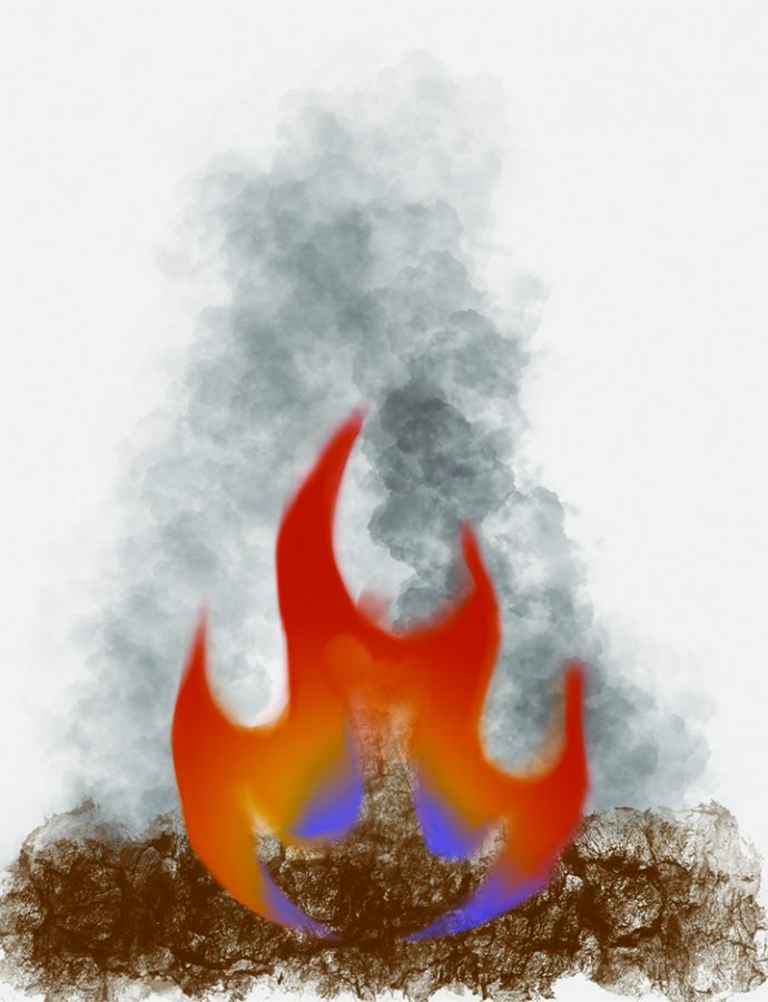 Illustration demonstrating the air pollution resulting from burning tumbleweeds.