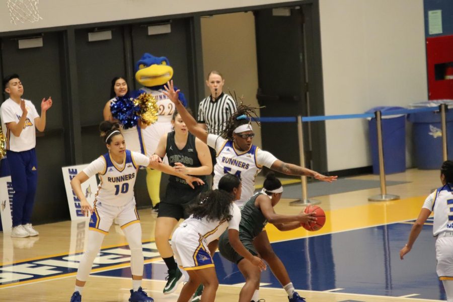 Junior Vanessa Austin blocks Grand Canyon player during the game agains Grand Canyon on Saturday Mar. 7 