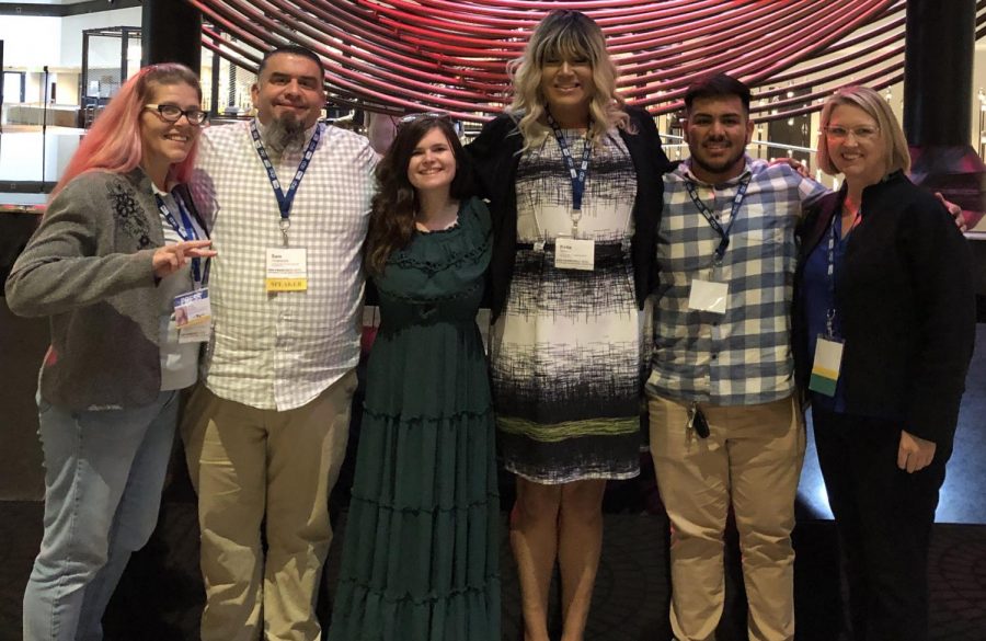 Left to Right: Amy pachla, Copy Chief, Sam Underwood, Editor-in-Chief, Erin Dailey, Opinions Columnist, Katie Goree, Multimedia Reporter, Edgar Noriega, Marketing Manager, Jennifer Burger, Advisor for The Runner posing for a photo at the awards ceremony in Sacramento, California Feb. 29, 2020