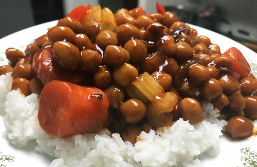 Kung pao chickpeas makes a colorful dish that helps students consume their recommended daily vegetables without being too expensive. 
