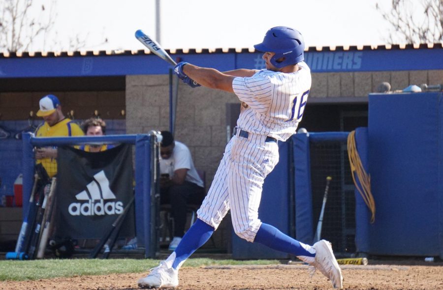 CSUB redshirt freshman Jacen Roberson takes a swing at the Alumni Game on Feb. 1 at Hardt Field.