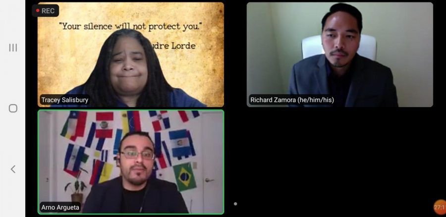 Tracey Salisbury, Arno Argueta, and Richard Zamora discussing intersectionality and diversity.