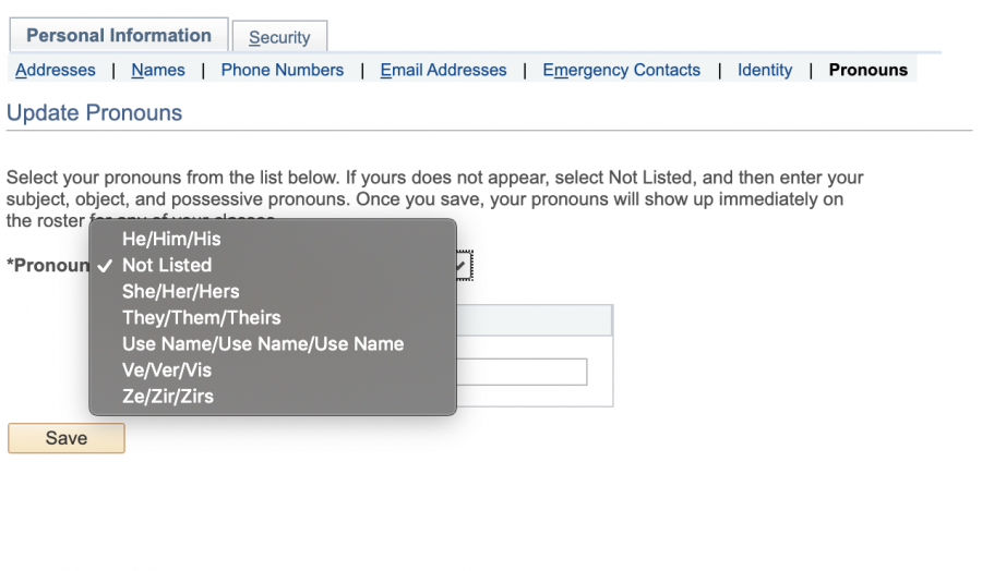 Screenshot of MyCSUB's options for pronouns. 