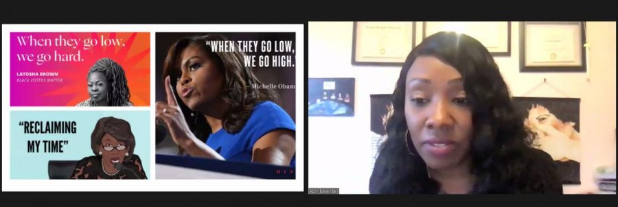 Screen shot of April Baker-Bell on Zoom speaking about her book "Linguistic Justice: Black Language, Literacy, Identity, and Pedagogy." on March 16, 2021. Screenshot by Destinee Sims/Freelance