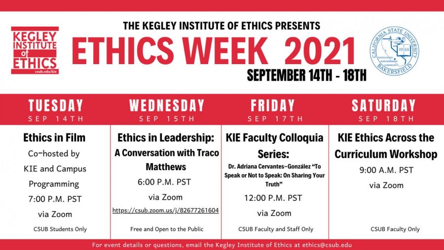 Schedule for Fall 2021 Ethics Week, hosted by The Kegley Institute of Ethics at CSU Bakersfield. 