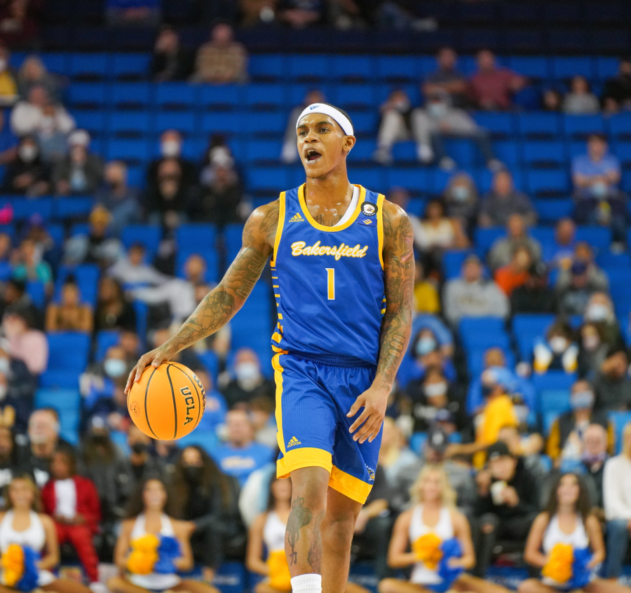 CSUB guard Shaun Williams initiates the 'Runners offense in the first half of the season opening game at UCLA. Williams finished the game with 10 points, 2 assists, and 1 rebound.