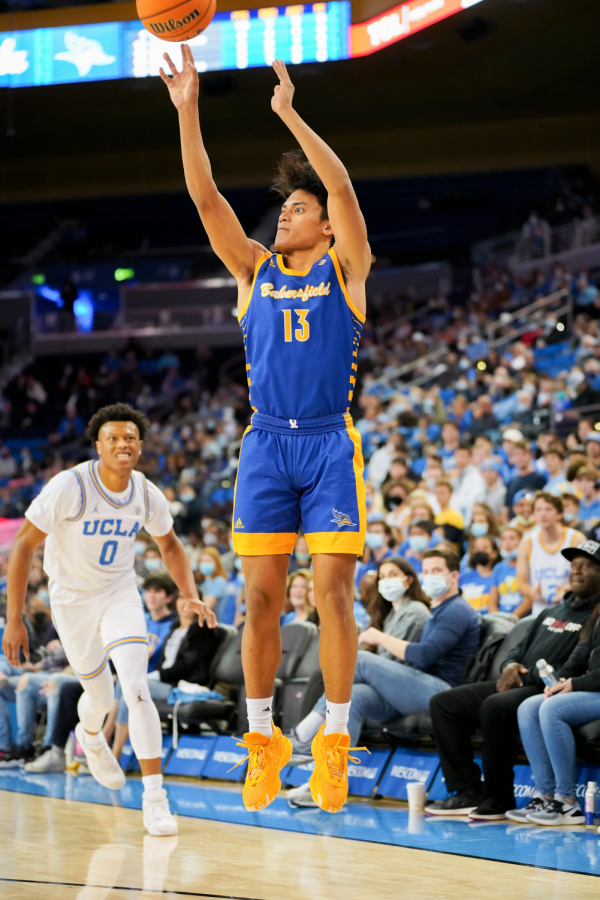 CSUB guard Dalph Panopio shoots one of his 3-point field goal makes. Panopio finished the game with 8 points, 4 rebounds, and 1 assist.