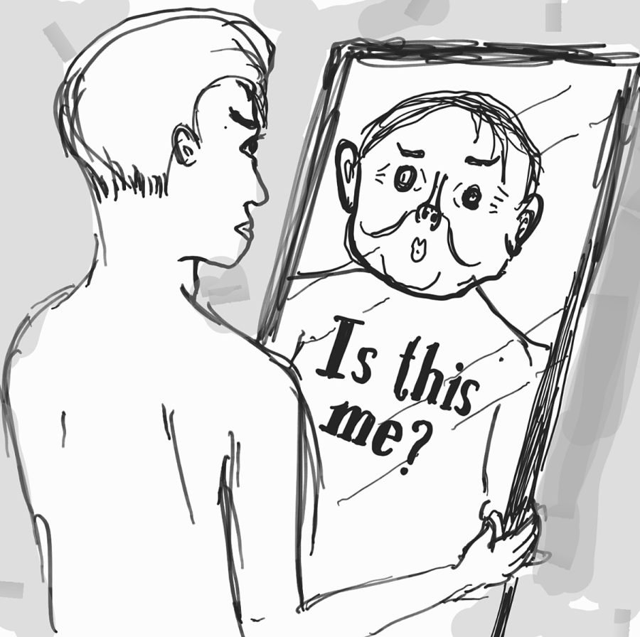illustration of person starring at themselves in mirror without being able to recognize who's starring back