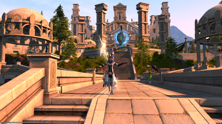 Graphic of video game with castle-like structure in the background and a character in the center