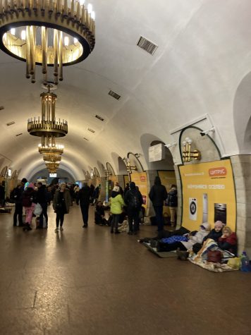 Ukrainian people camp out and sleep in a subway station in Kyiv, Ukraine.