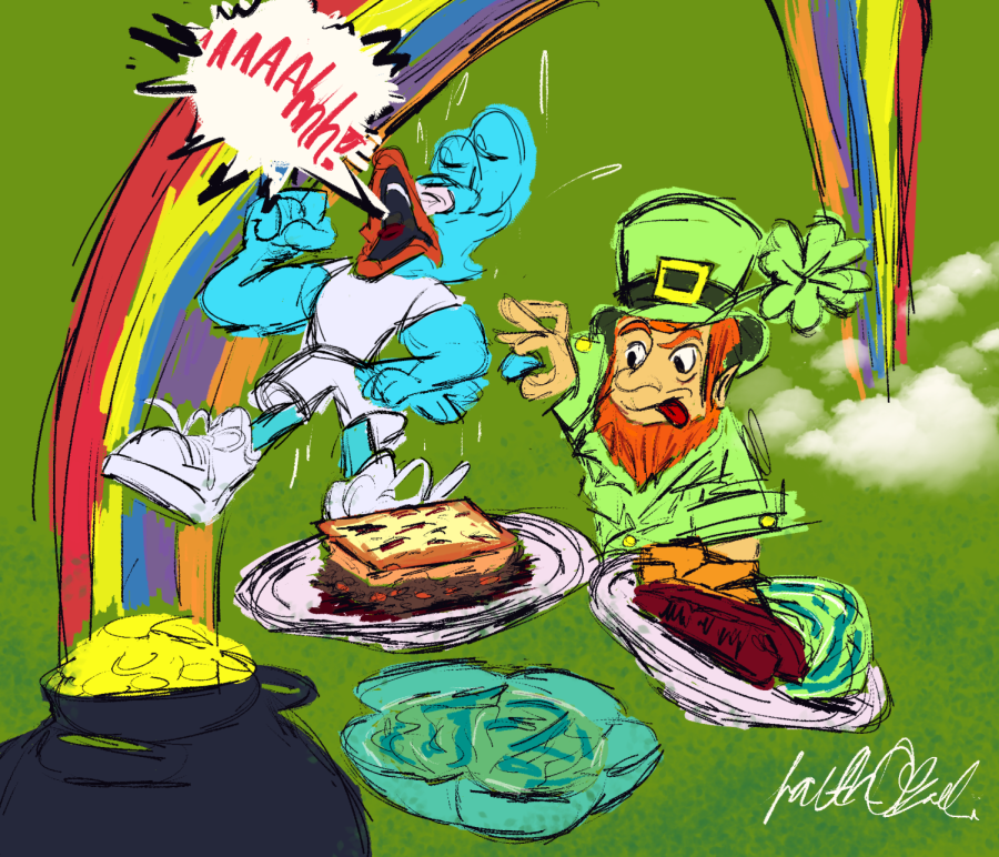 st Patrick's day illustration of leprechaun and roadrunner at the end of a rainbow