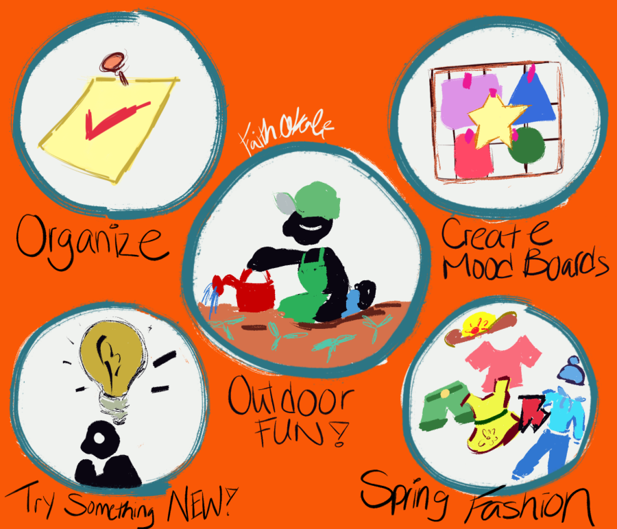 Illustration of a to-do list,, mood board, lightbulb, gardening, and clothes by Faith Okoli