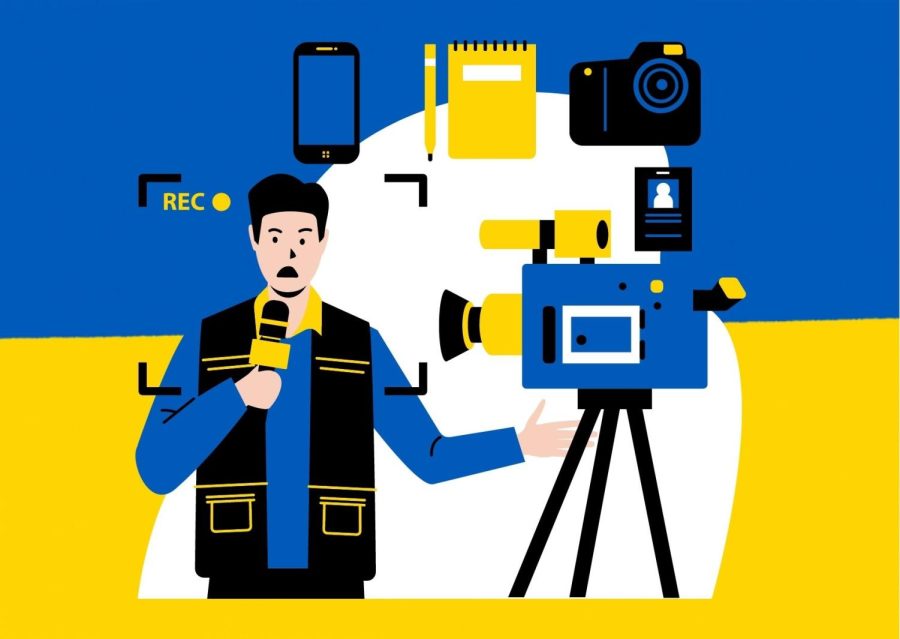 Illustration of Reporter with Ukraine flag in back