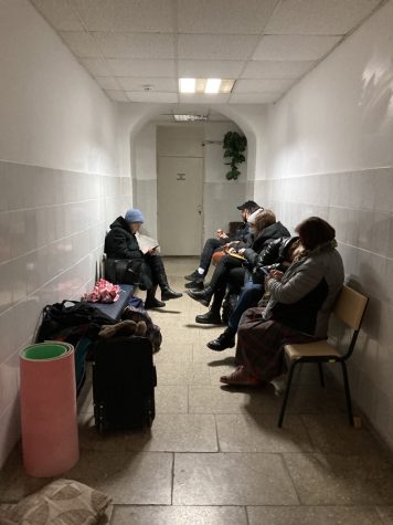A photo of a bomb shelter in the basement of a music school in Kyiv, Ukraine.