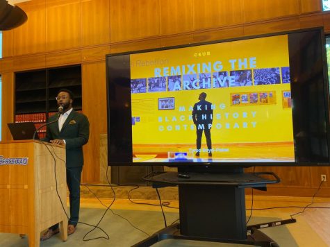Photo of historian Tyree Boyd Pates speaking at CSUB.