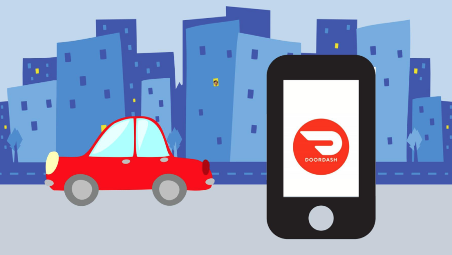 illustration that includes buildings in the background and a food delivery car along with a phone with the door dash app