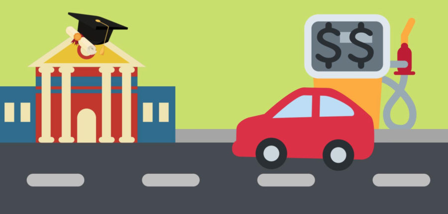 illustration of a road and gasoline in the background and a car on the way to a school