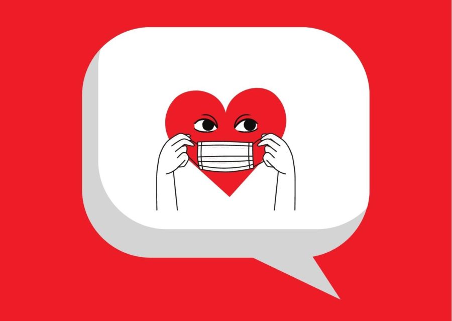 illustration of heart with eyes and a face mask where their mouth should be.