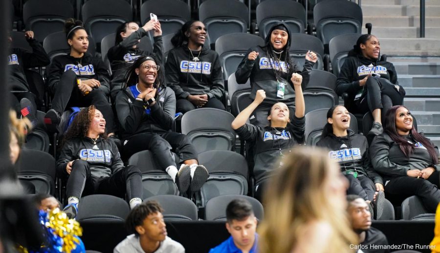 The CSUB women's Basketball team win an impromptu intermission dance battle led by Point Gaurd Lexus Green following their overtime win earlier in the day.
