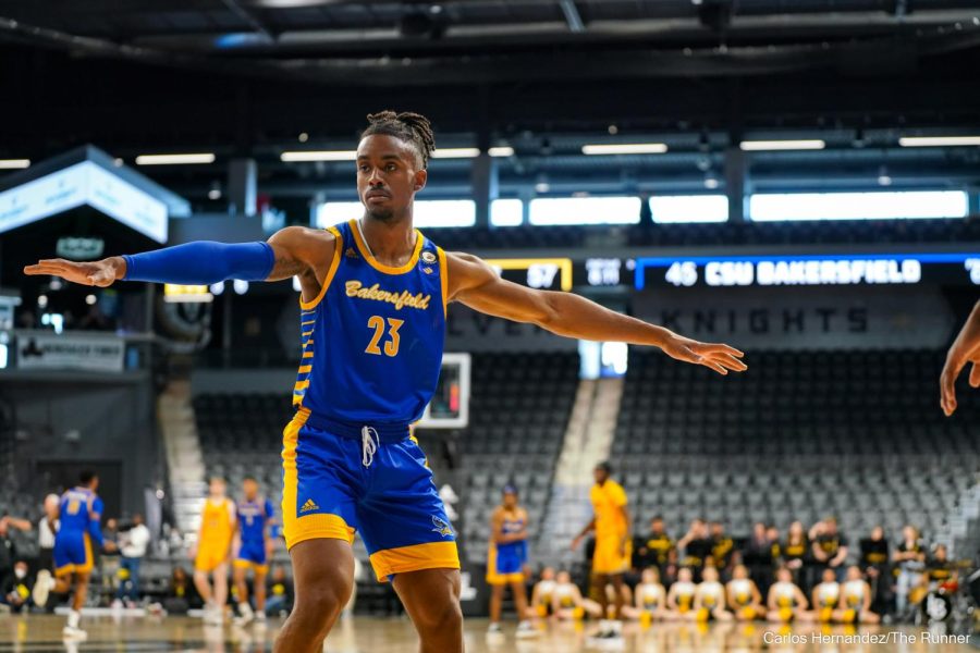 CSUB's Ivan Reynolds picks up the full-court defensive assignment as CSUB attempts a comeback.
