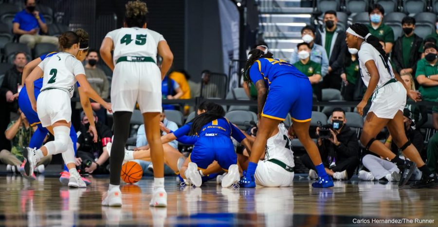 CSUB turns up the defensive pressure to force a turnover.

